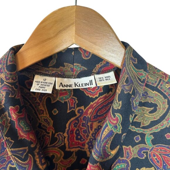 Anne Klein II Wool Silk Paisley Blouse Black Jewel-Tone Button Front Top Size 12 - Picture 5 of 6